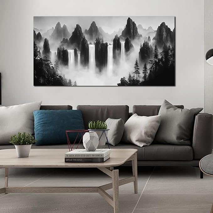 Mountain Canvas Wall Art for Living Room Large Size Black and White Pictures for Wall Waterfalls Wall Art for Office 29 x 58 Inches