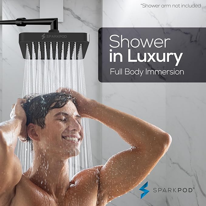 SparkPod Shower Head - High Pressure Rain - Premium Quality Luxury Design - 1-Min Install - Easy Clean Adjustable Replacement for Your Bathroom Shower Heads (Midnight Black Matte, 6 Inch Square)