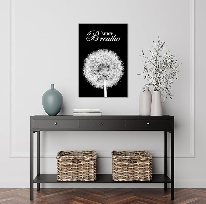 YIOZHAOFH Black Dandelion Picture Artwork Bedroom Decoration Just Breathe Canvas Painting Photo Relaxing Meditation Art Wall Decor Framed for Home Room Office Dorm (16L x 24W)
