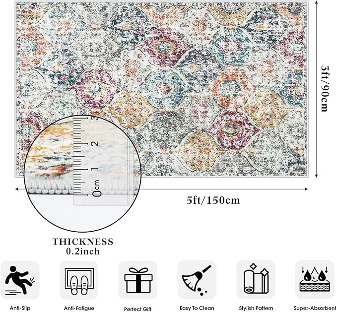 Lahome Moroccan Trellis Washable Small Area Rug, 3x5 Black Rug for Bedroom Living Room, Non-Slip Oriental Accent Throw Carpet for Kitchen Office Entryway Bathroom Office, Aqua/Multi