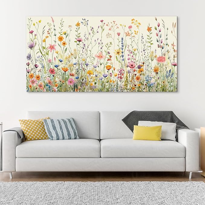 HPINUB Colorful Flower Framed Canvas Wall Art Set, Watercolor Daisy Floral Wall Decor, Wildflower Green Leaf Wall Painting, Multicolour Botanical Art Print for Living Room, Bedroom, Office - 20"x40"