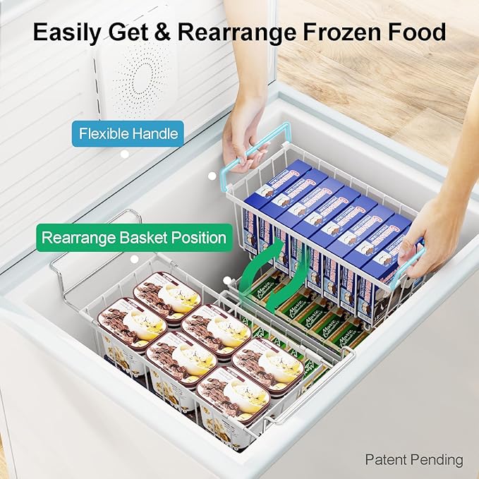 iSPECLE Deep Freezer Organizer Bins - 15.8~18.1 Inch Freezer Baskets for Chest Freezer, 7 Cu.Ft Chest Freezer Organizer Bins, 2 Small Expandable Hanging Baskets and 4 Stackable Bins, 6 Pack, White