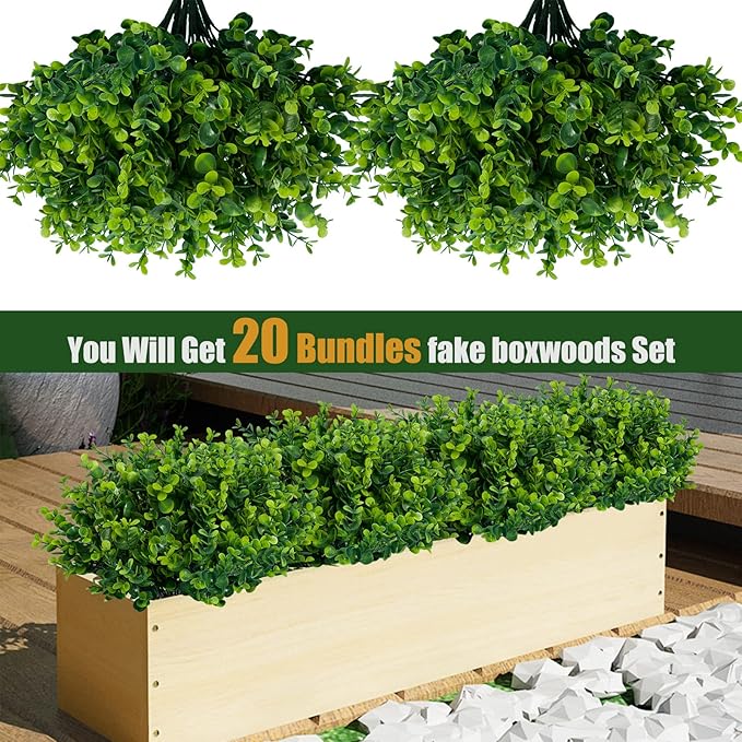 Lnoicy Artificial Greenery Plants Outdoor UV Resistant Fake Plants Boxwood Shrubs Grass,20 Bundles for Farmhouse Home Garden Office Patio Backyard Wedding and Indoor Outdoor Decoration
