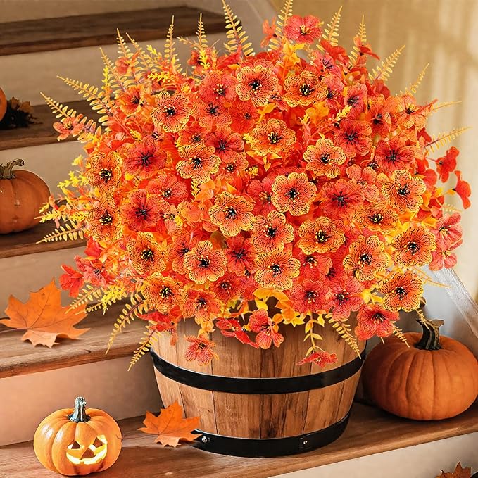 16PCS Artificial Fall Flowers for Outdoors, Realistic Faux Silk Flowers with Eucalyptus & Ferns, Fake Plants for Outside Planter, Patio, Porch, Garden Decor(Mixed)