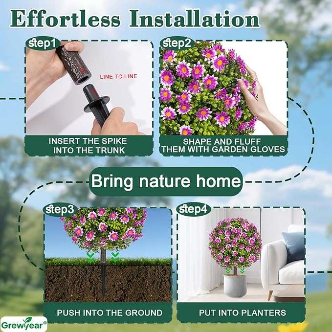 Set of 2 Artificial Topiary Ball Trees with Purple Mum, Faux Boxwoods for Outdoor Planters with Ground Spike, UV Resistant Artificial Outdoor Plants for Porch, Fake Bushes Round Shrub