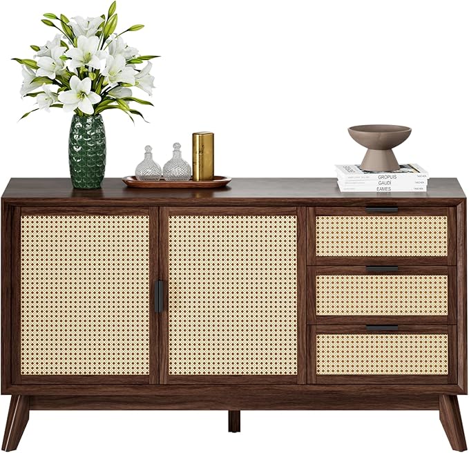 Bme Rattan Pre-Assembled Buffet Sideboard with 3 Drawers & 2 Doors, 58" Accent Console Table Living Room, Kitchen, Dining, Walnut, Jasper Storage Cabinet