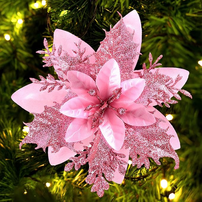 Christmas Poinsettia Artificial Flowers Decorations 5.5" Christmas Tree Wreaths Garland Decoration 12 Pcs Glitter Flowers Picks Decor for Xmas New Year Wedding Party Ornaments (Pink)