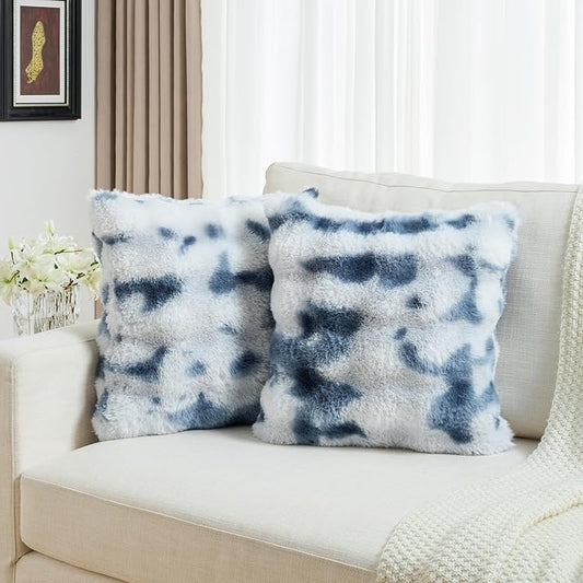 FUTEI Blue White Decorative Throw Pillow Covers 26x26 Inch Set of 2,Soft Fuzzy Faux Rabbit Fur Euro Pillow Shams with Raised Texture,Neutral Boho Home Decor for Couch Bed Living Room