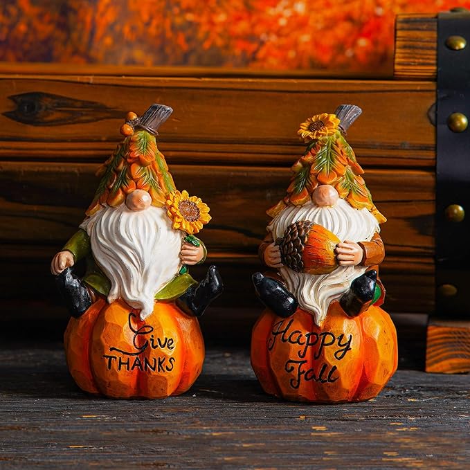Topadorn Fall Gnomes Decor for Yard Outdoor Set of 2 with Pumpkin and Sunflower- for Thanksgiving and Halloween Home Garden Decorations