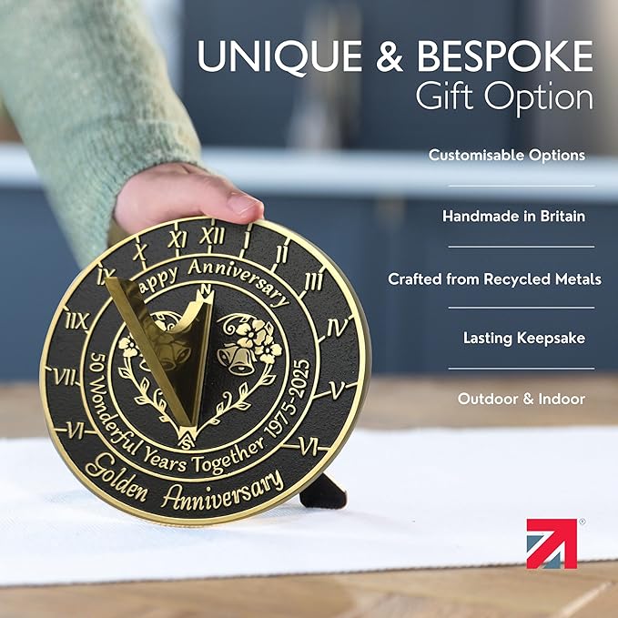 Anniversary Sundial Gift for 50th Golden Wedding Anniversary in 2025 - Recycled Metal Home Decor Or Garden Present Idea - Handmade in UK for Him, Her Parents Or Couples 50 Year Celebration