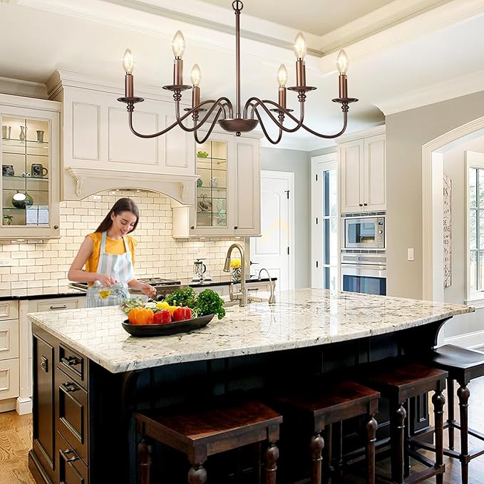 Depuley Farmhouse Chandelier for Dining Room: 6-Light Antique Industrial Hanging Ceiling Pendant Light Fixture for Kitchen - Oil-Rubbed Bronze Rustic Vintage Iron Candle Chandeliers for Entryway