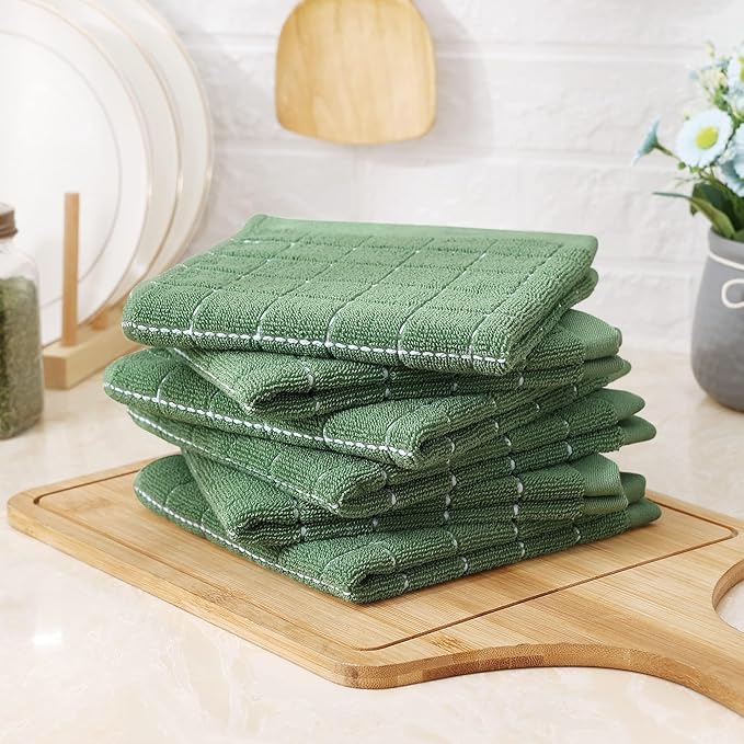 Homaxy 100% Cotton Terry Kitchen Dish Cloths, Ultra Soft and Absorbent Dish Towels for Kitchen, Suitable for Drying and Washing Dishes, 12 Pack, 12 x 12 Inches, Grass Green