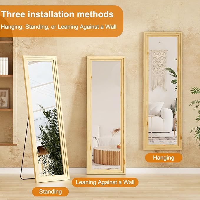 Full Length Mirror,58x16 Inch Full Length Mirror Wall Mounted,Vertical Hanging,Leaning Standing for Bedroom,Living Room,Rectangular Wooden Frame,Log Color.