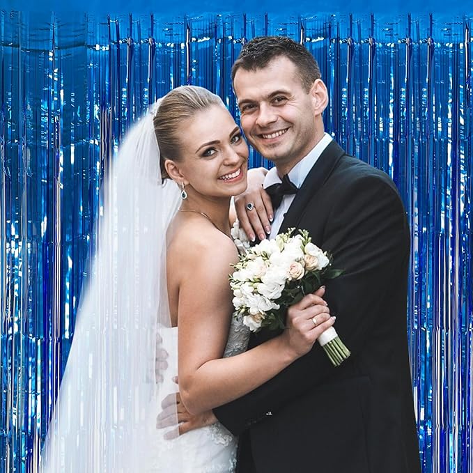 20 Pack Foil Curtain Backdrop Blue Metallic Tinsel Foil Fringe Curtains Photo Booth Props for Birthday Wedding Engagement Baby Shower Bachelorette Christmas Holiday Celebration Party Decorations
