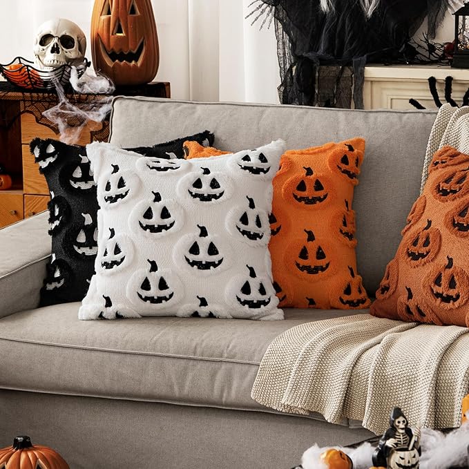 MIULEE Fall Halloween Throw Pillow Covers 18x18 Decorative Pumpkin Pattern Pillowcases Soft Plush Faux Wool Cushions for Home Patio Sofa Couch,White