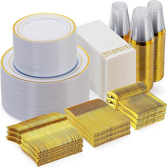 Goodluck 700 Piece Gold Dinnerware Set for 100 Guests, Disposable for Party, Include: 100 Gold Rim Dinner Plates, 100 Dessert Plates, 100 Paper Napkins, 100 Cups, 100 Plastic Silverware Set