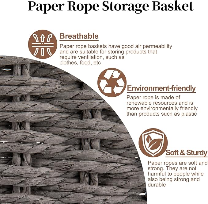 OIAHOMY Wicker Baskets, Paper Rope Storage Baskets for Organizing with Built-in Handles, 2 Packs-Grey