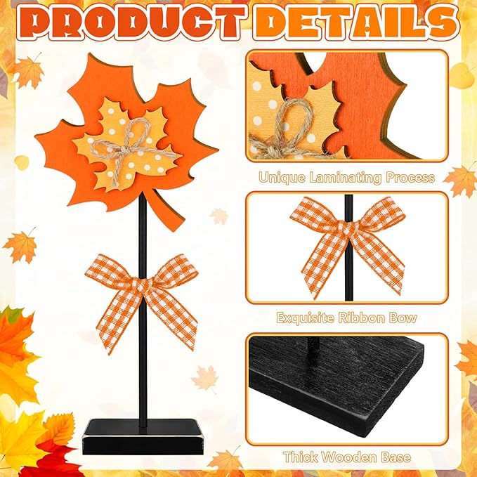 3 Pieces Large Fall Maple Leave Wooden Tabletop Sign Maple Leave Tall Standing Wood Block Autumn Table Sign for Fall Thanksgiving Tiered Tray Home Desk Office Party Decoration