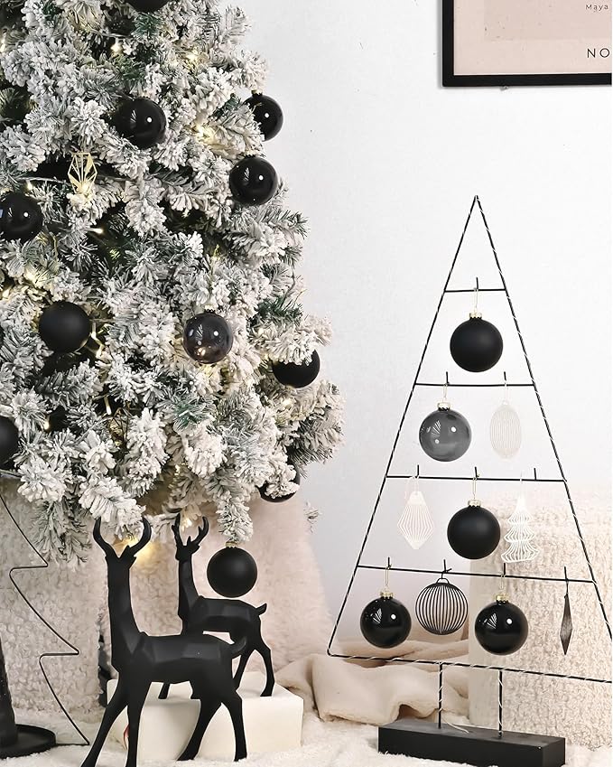 DN DECONATION Black Glass Christmas Ball Ornaments, Set of 9, 3' Hanging Christmas Baubles for Xmas Tree Decoration, Gothic, Halloween, DIY Gift