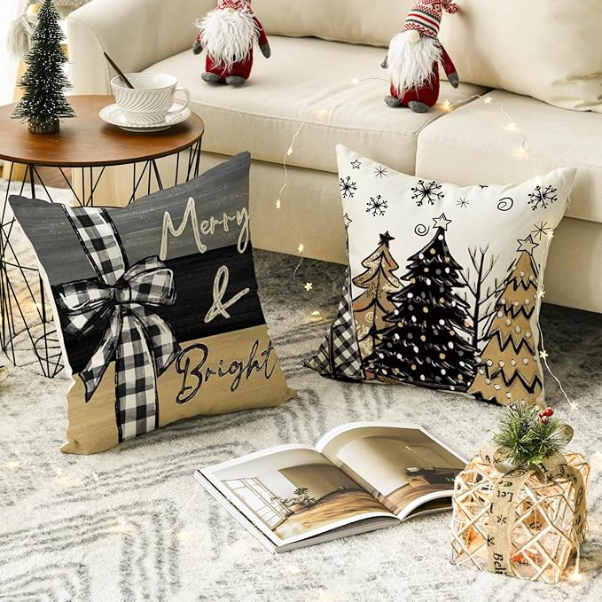 AVOIN colorlife Merry Christmas Joy Xmas Trees Brown Throw Pillow Covers, 18 x 18 Inch Christmas Winter Holiday Cushion Case Decoration for Sofa Couch Set of 4