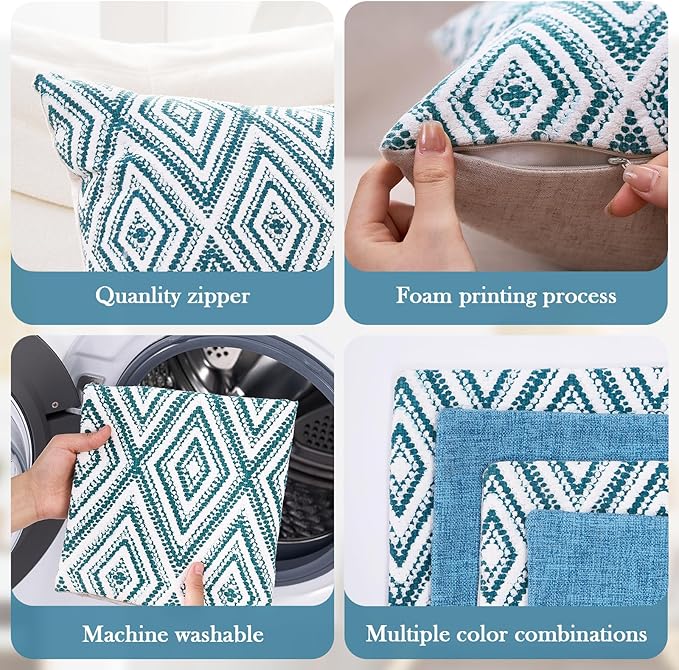 HPUK Decorative Throw Pillow Covers Set of 4 Geometric Design Linen Cushion Cover for Couch Sofa Living Room, 18"x18" inches, Aqua Blue