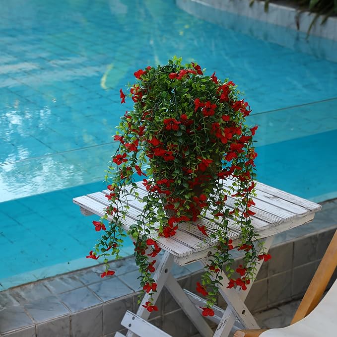 4 Pcs Fall Artificial Hanging Flowers for Outdoors,Fake Hanging Plants,Artificial Mums for Outdoors,Fall Decorations for Home,Outdoor Fall Decor(Red)