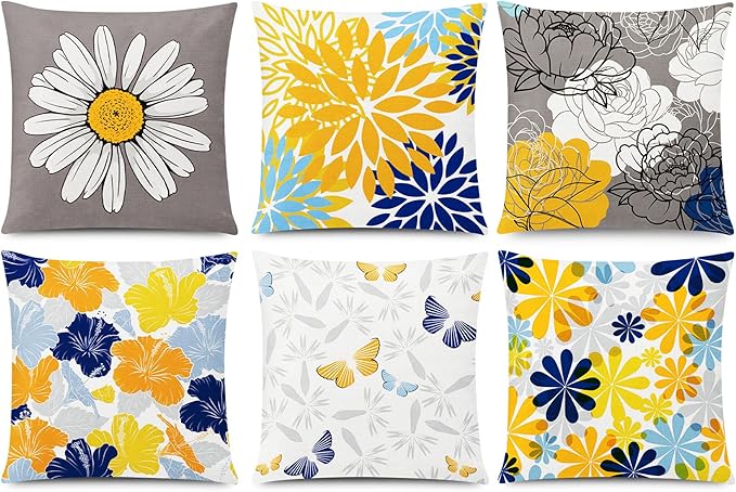 Blue Orange Pillow Covers 16x16 Set of 6, Yellow Blue Throw Pillow Cover for Couch, Daisy Dahlia Flower Pillowcase for Sofa Bedroom Living Room Farmhouse Home Decor