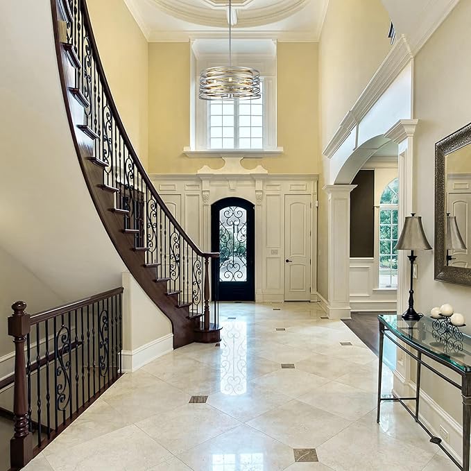 19.7'' Double Round Metal Chandelier, 5-Light Modern Farmhouse Dining Room Lights Over Table, Gold Chandelier for Hallway Kitchen Island Entryway Stairwell, Silver with Gold Interior