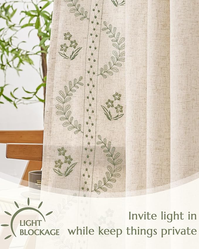 jinchan Belrose Lined Linen Blend Curtains Floral Curtains for Bedroom 96 Inch Length Sage Green Embroidered Drapes Rod Pocket Farmhouse Flower Drapes for Living Room Window Treatments Set 2 Panels