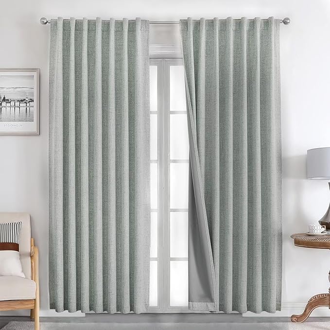 Joydeco Natural Linen Curtains 84 inch Length 2 Panels Set Burg 100% Blackout Patio Door Curtain Room Darkening Sliding Door Curtains Thermal Insulated Back tab Rod Pocket(105x84 inch, Sage Green)