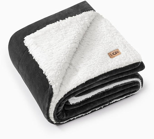 UGG Nita Throw Blanket Soft Reversible Plush Throw for Couch or Bed Washable Warm Fluffy Blanket for College Dorm Essentials and Bedding with Down Alternative Fill, 50-inch x 70-inch, Charcoal Grey
