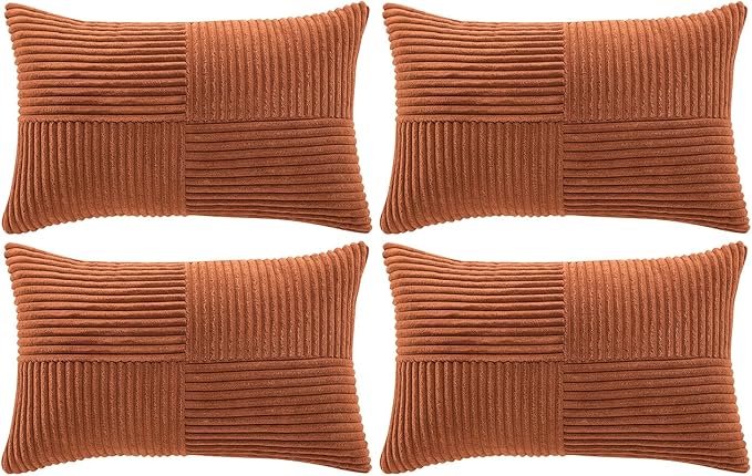 Fancy Homi 4 Packs Rust Lumbar Decorative Throw Pillow Covers 12x20 Inch for Couch Bed Sofa, Rustic Farmhouse Boho Home Decor, Soft Striped Corduroy Rectangle Accent Terracotta Cushion Case 30x50 cm