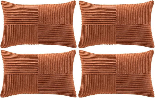 Fancy Homi 4 Packs Rust Lumbar Decorative Throw Pillow Covers 12x20 Inch for Couch Bed Sofa, Rustic Farmhouse Boho Home Decor, Soft Striped Corduroy Rectangle Accent Terracotta Cushion Case 30x50 cm