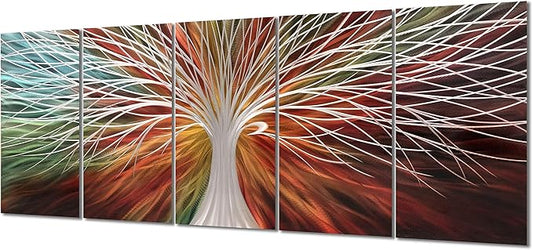 Yihui Arts Abstract Metal Wall Art - Tree Of Life Hand Crafted 5 Pieces Panels Large Big Unique 3D Aluminum Modern Contemporary Home Accent