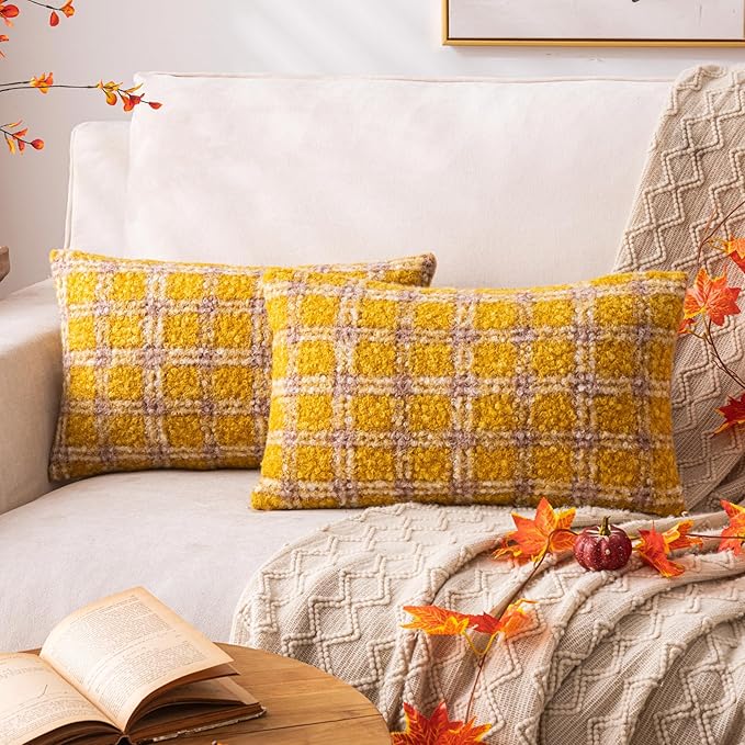 Yellow Plaid Fall Throw Pillow Covers 12x20 Inch Set of 2, Boucle Decorative Pillows Covers,Cozy Fluffy Home Living Room Farmhouse Decor for Sofa Couch Bed