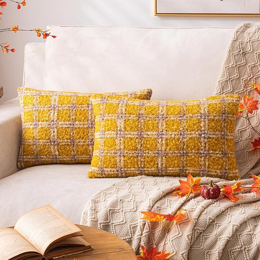 Yellow Plaid Fall Throw Pillow Covers 12x20 Inch Set of 2, Boucle Decorative Pillows Covers,Cozy Fluffy Home Living Room Farmhouse Decor for Sofa Couch Bed