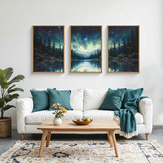 HOURIA Northern Lights Forest Lake Framed Canvas Wall Art Set,Aurora Borealis Mountain Wall Decor,Night Sky Reflective Water Artwork,Modern Wilderness Landscape Prints for Living Room,Office-24"x36"x3
