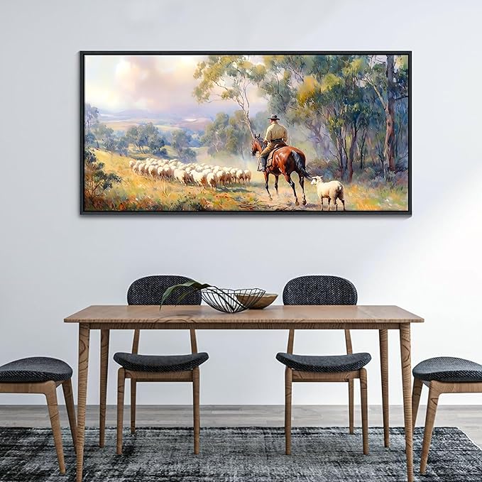 JEAWA Large Framed Canvas Painting - 24x48 IN Western Shepherding Landscape Wall Decor, Picture with Trees, sheeps and Fine Horse, Shepherd Art Prints for Bedroom Living Room Home Decoration