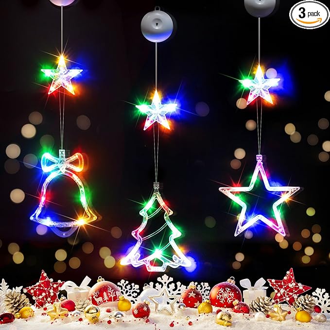 suddus Christmas Window Lights Decorations, 3Pcs Tree-Jingle Bell-Star Shaped Xmas Lights Battery Powered with Suction Cups & Timer, Hanging String Lights Indoor for Tree, Fireplace, Multicolor