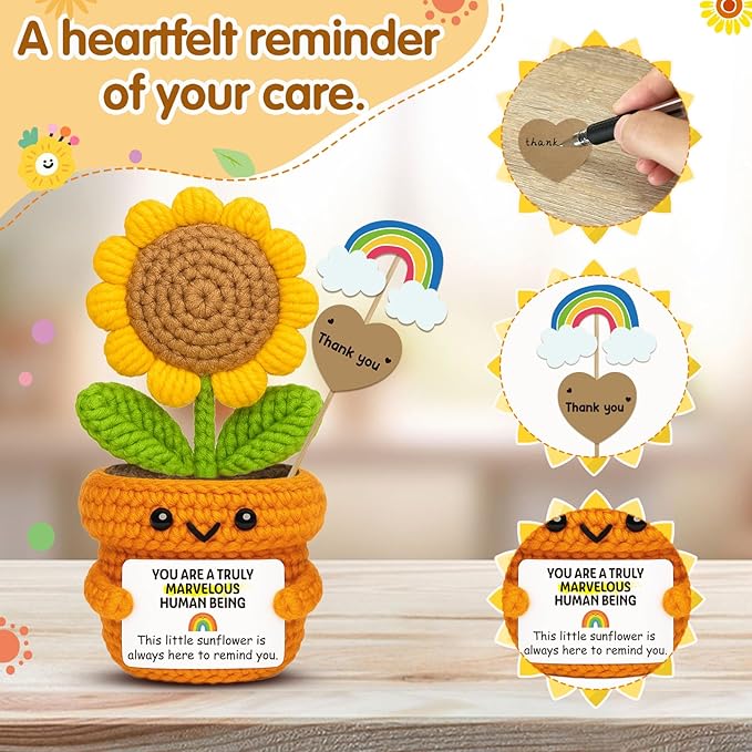 Affirmation Crochet Sunflower Gift with Positive Vibes Card – Marvelous Human Being Reminder for Coworker, Teacher, Employee, Boss, Friend – Birthday, Thank You, Farewell Gifts for Women, Men