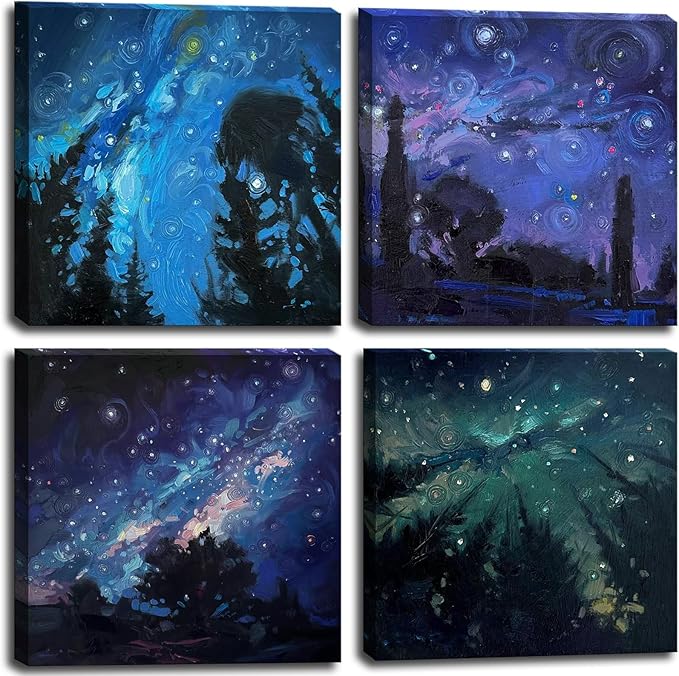 Blue Starry Night Canvas Wall Art Forest Tree Paintings Decor Abstract Nature Landscape Artwork Poster Prints Colorful Space Northern Lights Pictures Decoration for Bedroom Living Room Bathroom Office