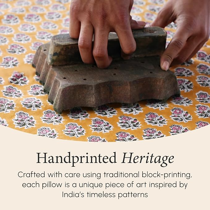 CPC 100% Cotton Throw Pillow Covers 20x20 Inch, Set of 2 Yellow Block Print Pattern Couch Pillow, Cute Boho Decorative Pillows for Living Room, Bedroom with Hidden Zipper- Yellow Citrine