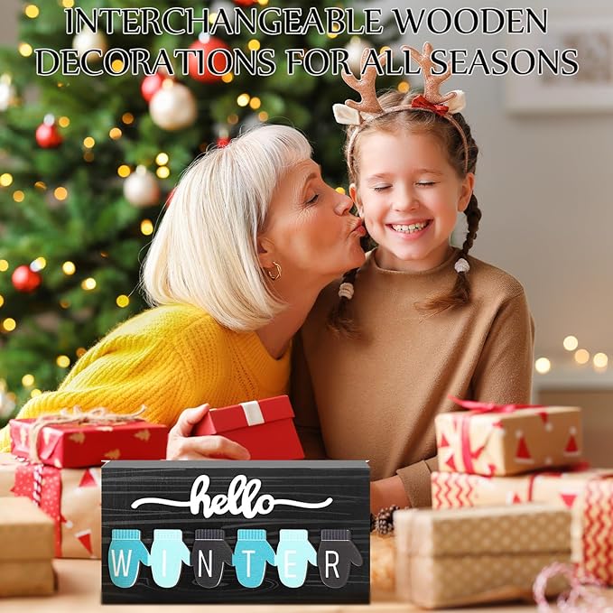 Roowest 5 Pcs Hello Fall Sign Interchangeable Seasonal Sign Spring Summer Winter Tiered Tray Decor 5.9 x 3 Inch Wooden 4 Seasons Farmhouse Table Centerpiece Decoration for Home Shelf Office(Basic)