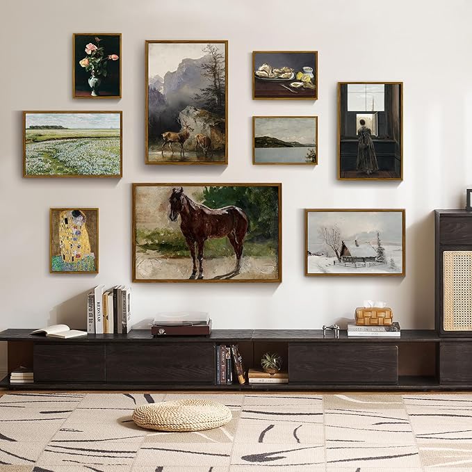 crmotu Vintage Framed Wall Art, Still Life Horse Large Artwork, Animal Landscape Canvas Prints, Antique Aesthetic Pictures Wall Decor Living Room Bedroom Farmhouse Home Office Decorations 24x36in