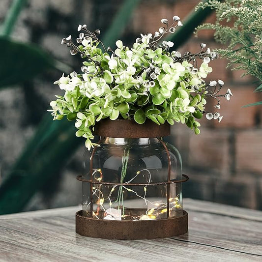 Farmhouse Rustic Vintage Primitive Glass Vases Lantern with Lights Green Artificial Eucalyptus Fake Plants Home Decor Centerpiece for Coffee Office Dining Table Shelf Desk Counter Kitchen Bathroom