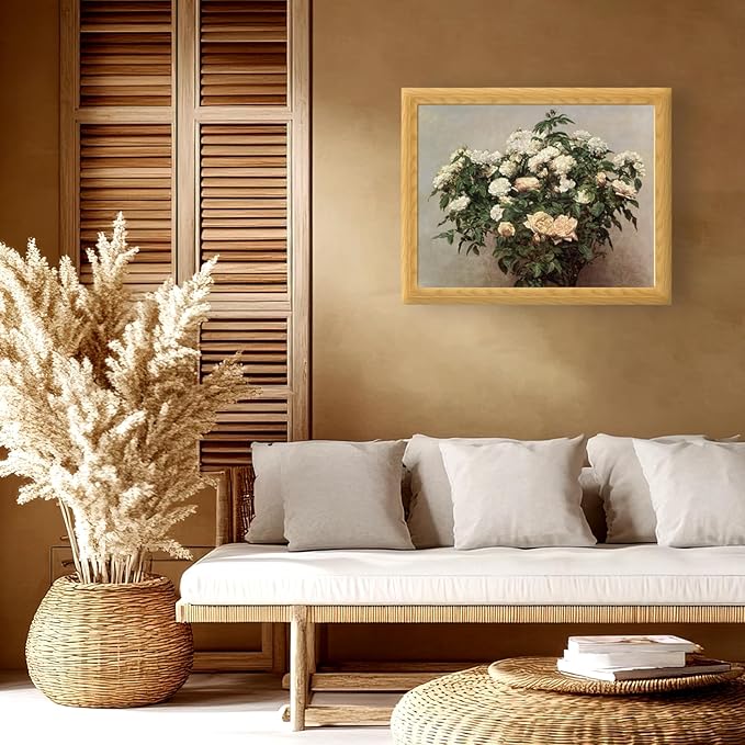 Brivoria Framed Canvas Wall Art Vintage Decor, Realistic Botanical Rose Tree Artwork with Blooming White Flowers and Green Leaves for Living Room Statement Wall or Gallery Display, 16"x20"