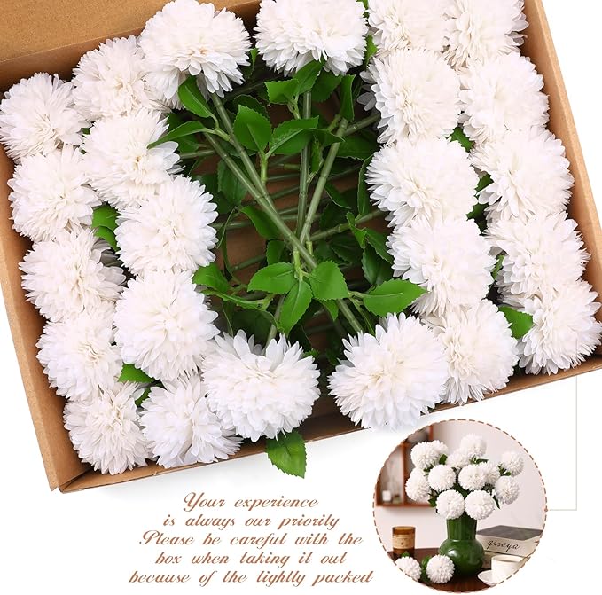 Floweroyal 24pcs Artificial Chrysanthemum Ball Flowers, Fake Mums Silk Hydrangea Bridal Wedding Bouquet for Home Garden Party Office Coffee House Decoration (White)