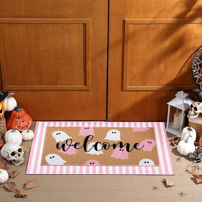2 Pcs Halloween Door Mat Ghost Welcome Non Slip Coir Mats Pink White Stripe Floor Layering Doormats Seasonal for Front Porch Entryway Decor(Pink White Ghost)