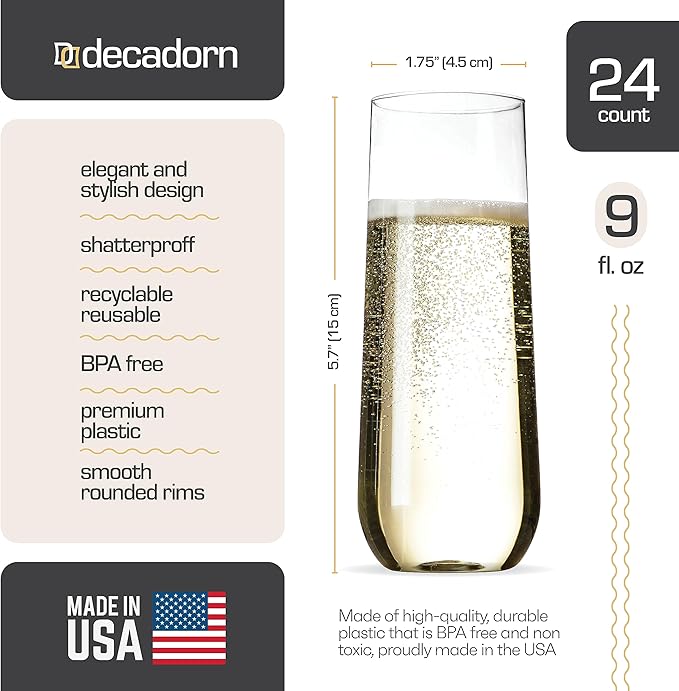 Clear Stemless Champagne Flutes Plastic 24 Pack - 9oz Plastic Champagne Glasses - Durable and Sturdy Mimosa Glasses For Parties - Shatterproof, Recyclable, BPA-Free, Smooth Rims.