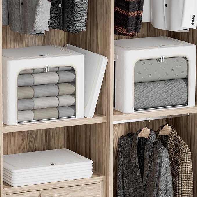 2 Pack Clear Window Storage Bins Large Stackable Linen Fabric Storage for Clothes Foldable Container Organizer Set with Carrying Handles (Lvory White, 15.7x 11.8x 7.8Inch)